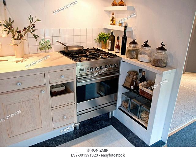 Details of modern neo classical design wooden country kitchen