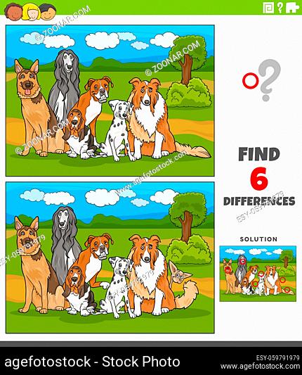 Cartoon illustration of finding the differences between pictures educational game for children with purebred dogs comic animal characters group