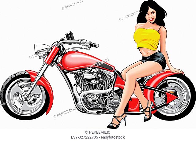 Nice girl and my original designed motorbike isolated on the white background