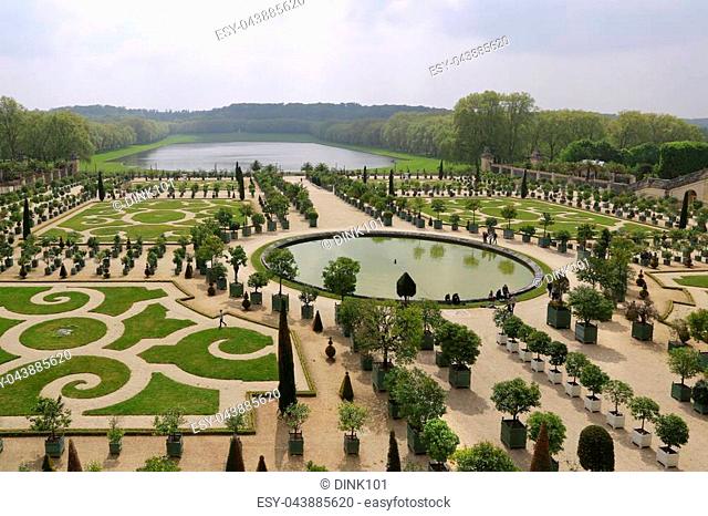 VERSAILLES, PARIS / FRANCE - MAY 05, 2017: The famous gardens of the Royal Palace of Versailles