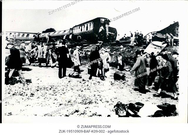 Sep. 09, 1951 - Liverpool to Euston train wrecked. Twenty believed killed: Two coaches of the 8:20 am express from Liverpool to Buston were overturned down an...