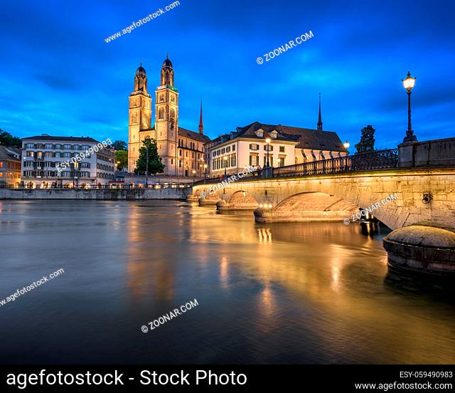 Grossmunster Church and Limmat River in the Evening, Zurich, Switzerland