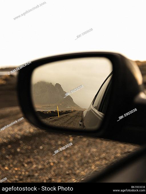 Vestrahorn mountain in the side mirror of Auto, Höfn, Iceland, Europe