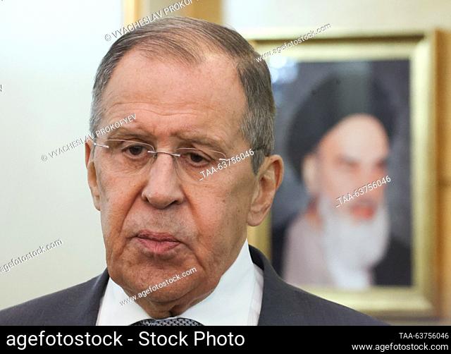RUSSIA, TEHRAN - OCTOBER 23, 2023: Russia's Foreign Minister Sergei Lavrov (C back) talks to journalists after a meeting with Iran's President Raisi