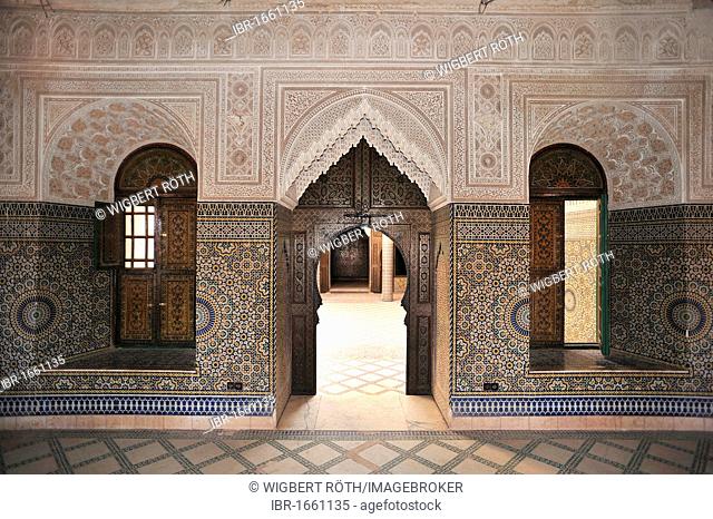 Partial view, interior with stucco ornaments and tile mosaics in the crumbling Telouet Kasbah of the Pasha Glaoui, Telouet, High Atlas, Morocco, Africa
