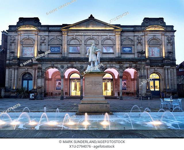 York Art Gallery and Fountain in Exhibition Square at Dusk City of York Yorkshire England