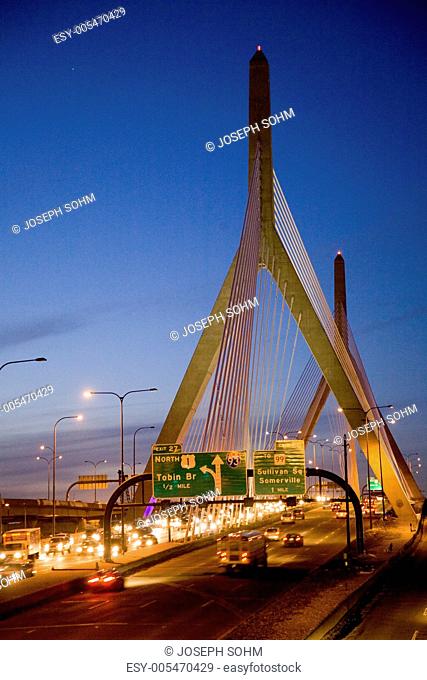 The Leonard P. Zakim Bunker Hill Bridge at dusk, 1432 feet long, inspired by Bunker Hill Monument, Boston, Ma., New England, USA
