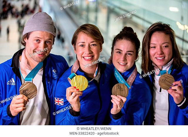 The British Olympic Association (BOA) welcome athletes home from the PyeongChang 2018 Olympic Winter Games in Korea. Featuring: Billy Morgan, Lizzy Yarnold