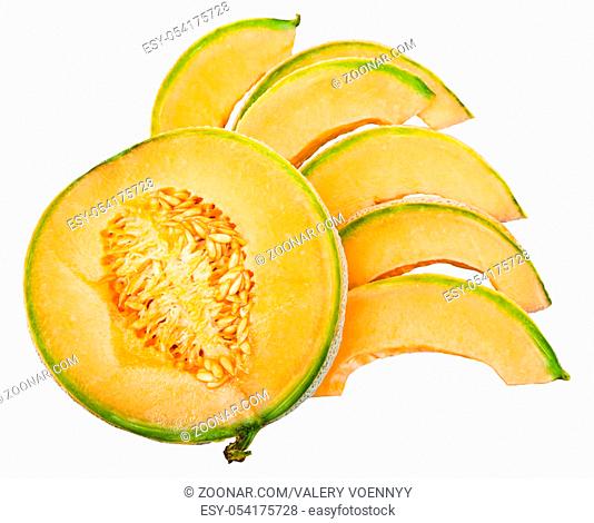 half and slices of ripe sicilian muskmelon (cantaloupe melon) isolated on white background