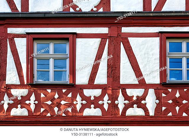 Close-up of facade of half-timbered house at Sattlertorstrasse, historic part of Forchheim, Forchheim, Franconian Switzerland, Upper Franconia, Franconia