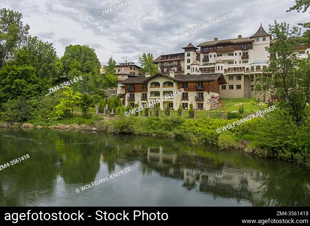 View of the Posthotel Leavenworth from the Waterfront Park along the Wenatchee River in Leavenworth, Eastern Washington State, USA