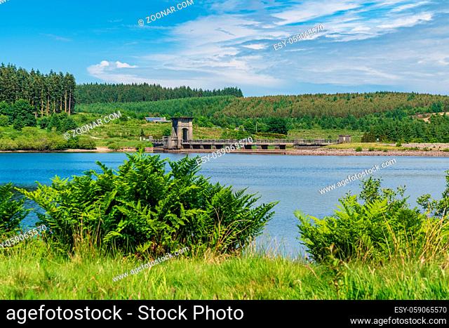 View over the Alwen Reservoir with the dam in the background, Conwy, Wales, UK