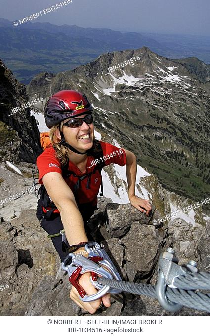 Rock climber on Hindelanger climbing route, Oberstdorf, Allgaeu, Bavaria, Germany, Europe