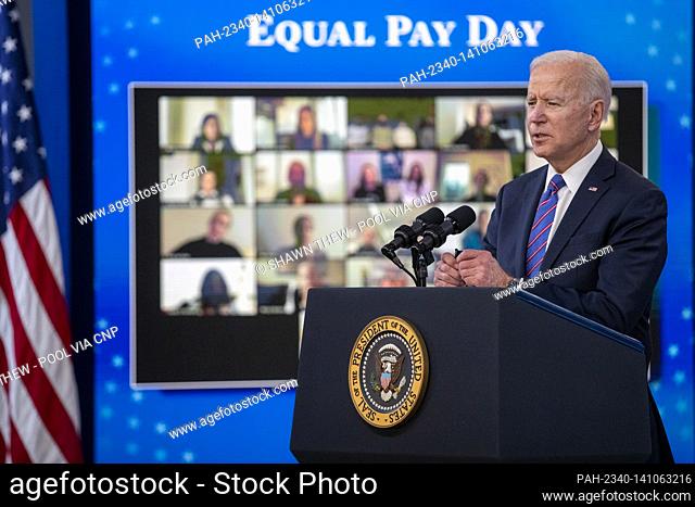 US President Joe Biden delivers remarks during an event to mark Equal Pay Day in the State Dining Room of the White House in Washington, DC, USA, 24 March 2021