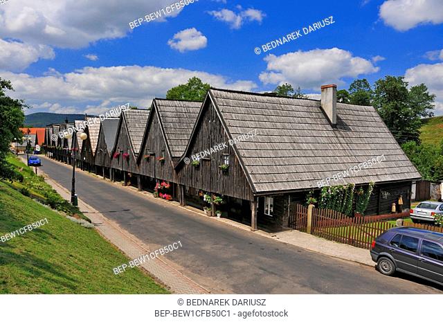 'Twelve Apostles' - houses weavers in village Chelmno Slaskie, Lower Silesian voivodeship, Poland. A group of wooden houses on the Sudecka street called 'Twelve...