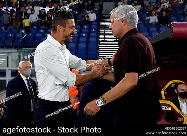The Roma Jose Mourinho trainer and the Sassuolo trainer Alessio Dionisi during the Roma-Sassuolo match at the Olympic stadium