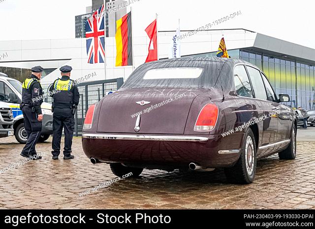 31 March 2023, Hamburg: The Bentley State Limousine, the state coach of the British monarchs, is seen at the port of Hamburg
