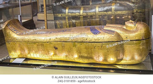 Egypt, Cairo, Egyptian Museum, from the tomb of Yuya and Thuya in Luxor : Mummy-shaped inner coffin of Yuya
