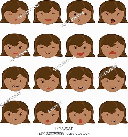 Emoticon icons set of cute girl with various emotions, emoji, facial, feeling, mood, personality, symbol African American, Asian, Indian