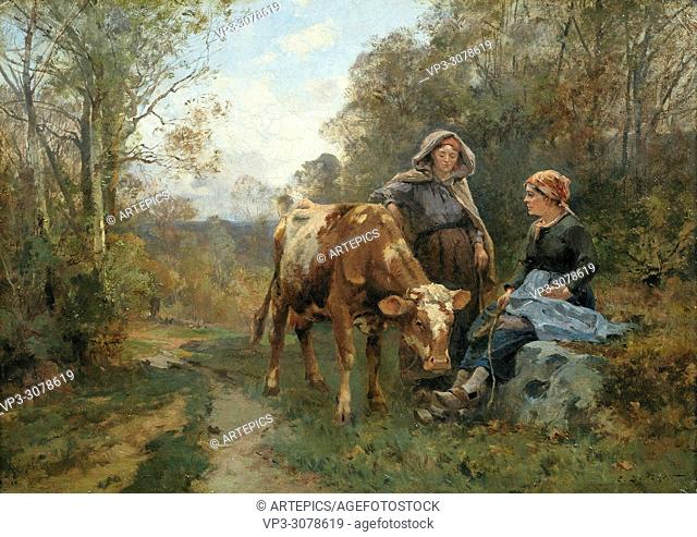 Dameron Emile Charles - Two Country Women and a Cow in a Woodland Landscape