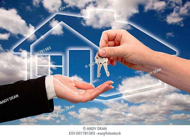 Handing Over Keys on Ghosted Home Icon, Clouds and Sky