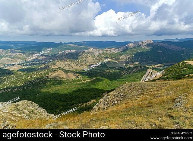 Panorama of the Crimean mountains. View from the top of the Tokluk ridge. Beginning of September