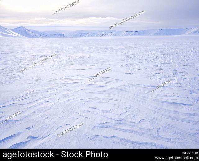 Landscape between glaciers Rabotbreen and Koenigsbergbreen during winter, the island Spitzbergen in the Svalbard archipelago