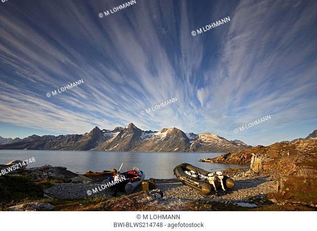 zodiacs at coast of Ikasaulaq Fjord, Greenland, Ammassalik, East Greenland, Kuummiit