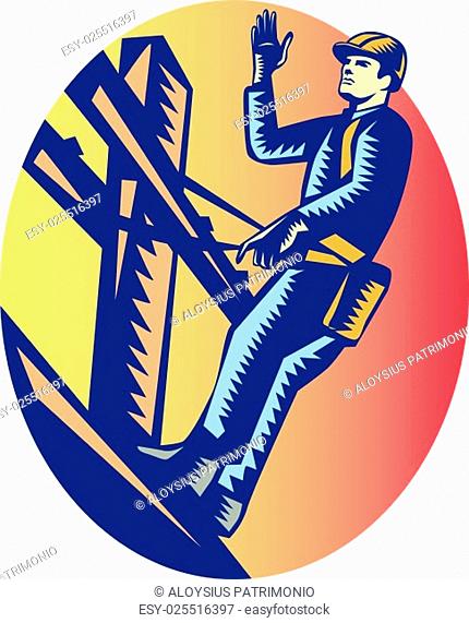 Illustration of a power lineman telephone repairman worker standing on electric pole with harness waving hand viewed from low angle done in retro woodcut style