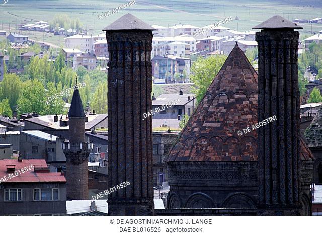 The minarets of the Cifte Minareli Medrese (Twin Minaret Madrasa), 1253, Erzurum, Eastern Anatolia, Turkey. Seljuk civilization, 13th century