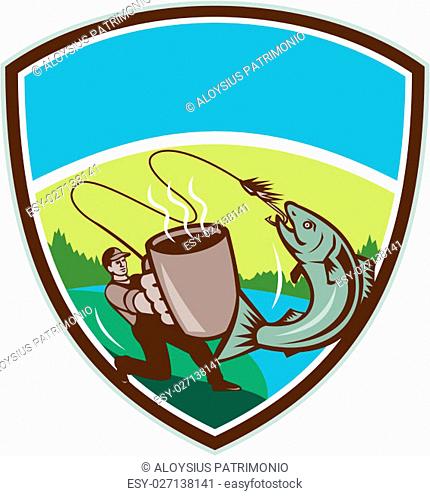 Illustration of a fly fisherman fishing holding mug hooking salmon jumping viewed from the side set inside shield crest with mountain