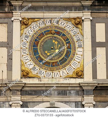 Brescia (Italy): complex mechanical clock that shows the hours, the moon phases and the zodiac signs on two different dials