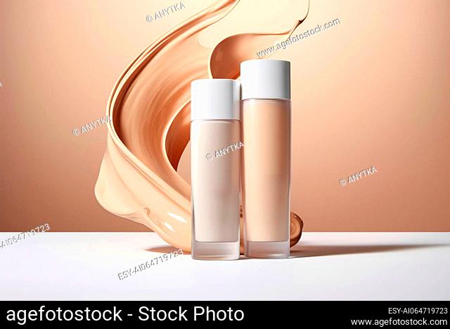 Bottles of makeup foundation and samples on beige background. Cosmetic product presentation. Luxury flying liquid in motion