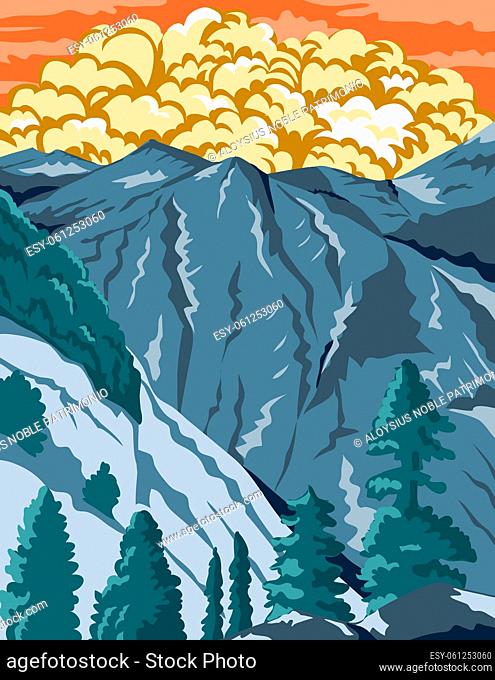 WPA poster art of the Kings Canyon National Park, an American national park in southern Sierra Nevada, Fresno and Tulare Counties