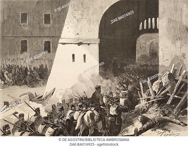 General Arsenio Martinez Campos entering Miravet castle at the head of the troops, Tarragona, June 24, 1875, Spain, Carlist Wars