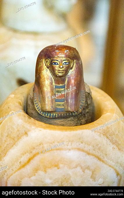 Egypt, Cairo, Egyptian Museum, from the tomb of Yuya and Thuya in Luxor : Top of canopic vase of Thuya, a package in the shape of a human mummy is surmounted by...
