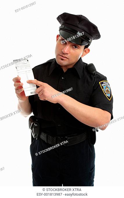 A policeman, traffic warden holding an infringement violation notice, ticket, fine. White background