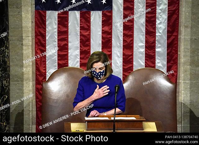 Speaker of the United States House of Representatives Nancy Pelosi (Democrat of California) speaks in the House Chamber during a reconvening of a joint session...