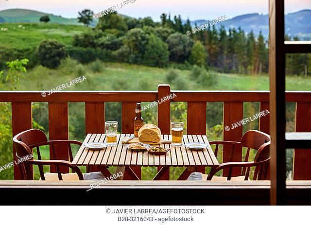 appetizer on the terrace, Urain Apartments, Basque farmhouse, Deba, Gipuzkoa, Basque Country, Spain, Europe
