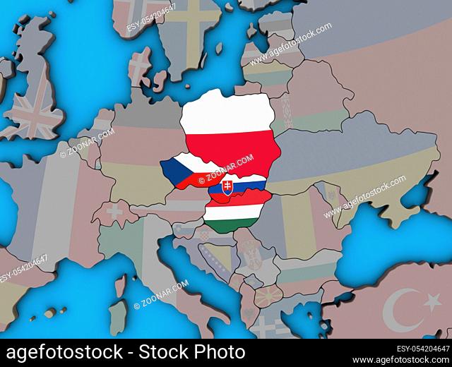Visegrad Group with embedded national flags on blue political 3D globe. 3D illustration