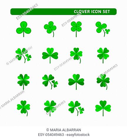 Sixteen luck clover vector set isolated on white background. Four and three leaf clover. Flat illustration