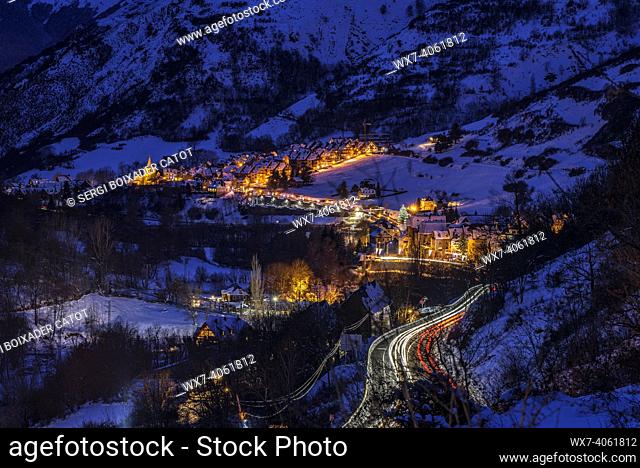 Gessa and Salardú villages in the blue hour - twilight and the road to Baqueira (Aran Valley, Catalonia, Spain, Pyrenees)