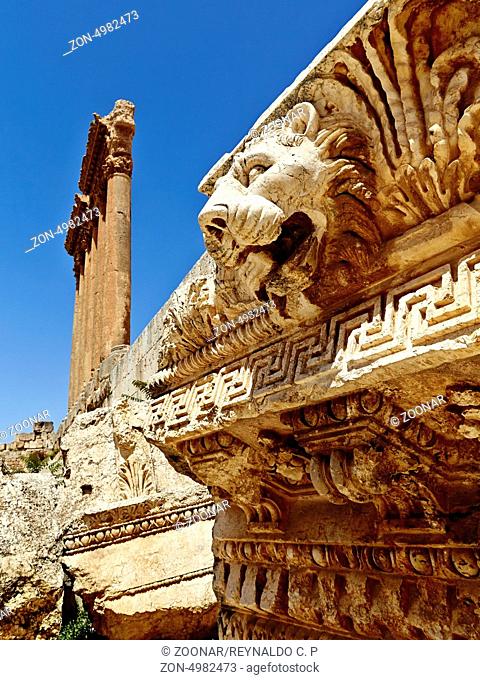 Baalbek, Lebanon.Temple of Jupiter in Baalbek (Jupiter columns and baalbek lion ). / The Roman Temples of Baalbek are some of the best preserved Roman ruins
