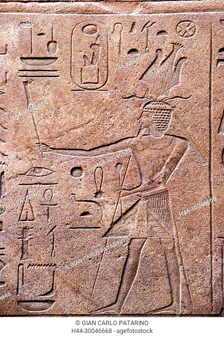 Luxor, Karnak, Egypt, incised blocks making up part of the reconstructed red chapel or Chapelle Rouge of Queen Hatshepsut ( New Kingdom 1567-1080) in Open Air...