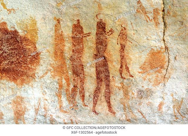 Group of dancers, prehistoric rock paintings by the San people along the Sevilla Rock Art Trail near Clanwilliam, Cederberg Mountains, Western Cape Province