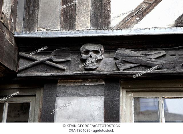 Detail of Skull on Altre Saint Maclov Courtyard which was used as a burial ground during the Middle Ages in Rouen, Normandy, France