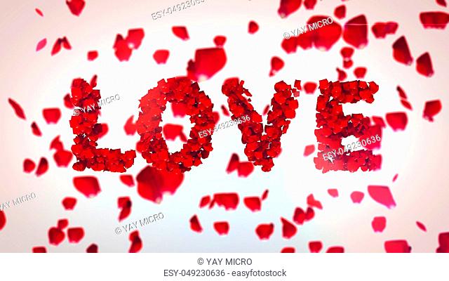 A passionate 3d illustration of Love inscriotion made of flying petals of red roses in the white background. The sign symbolizes deep romantic feelings