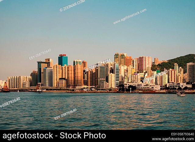 Hong Kong, November, 2019: Skyline and coast of Hong Kong Island, business