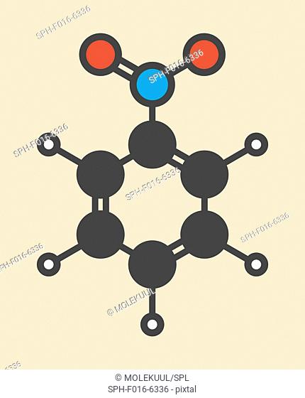 Nitrobenzene solvent molecule. Stylized skeletal formula (chemical structure). Atoms are shown as color-coded circles: hydrogen (white), carbon (grey)