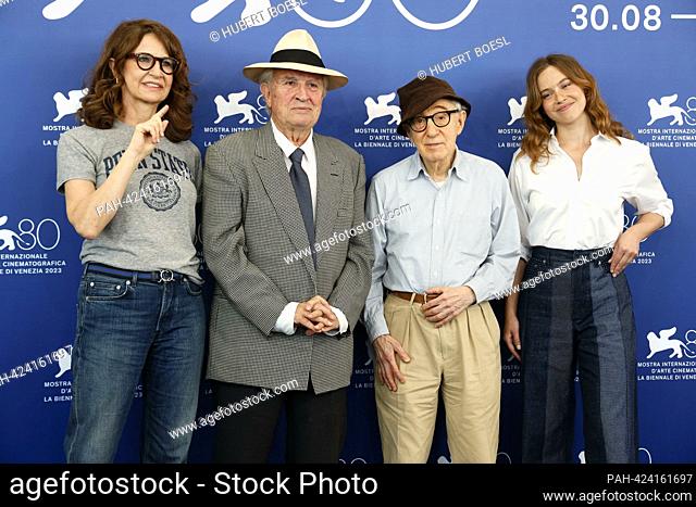 Valerie Lemercier, Vittorio Storaro, Woody Allen and Lou de Laage attend the photocall of 'Coup de Chance' during the 80th Venice International Film Festival at...